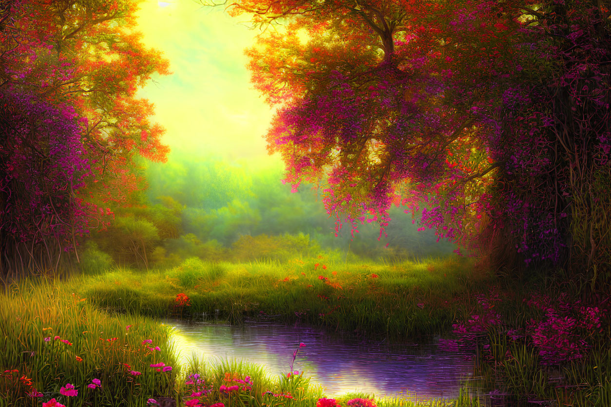 Colorful Sunlit Forest with Pink Flowering Trees and Serene Pond