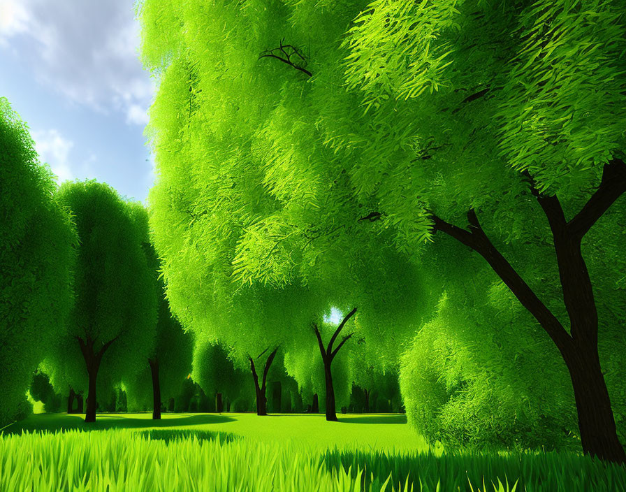 Lush Forest Scene with Vibrant Green Trees and Sunbeams