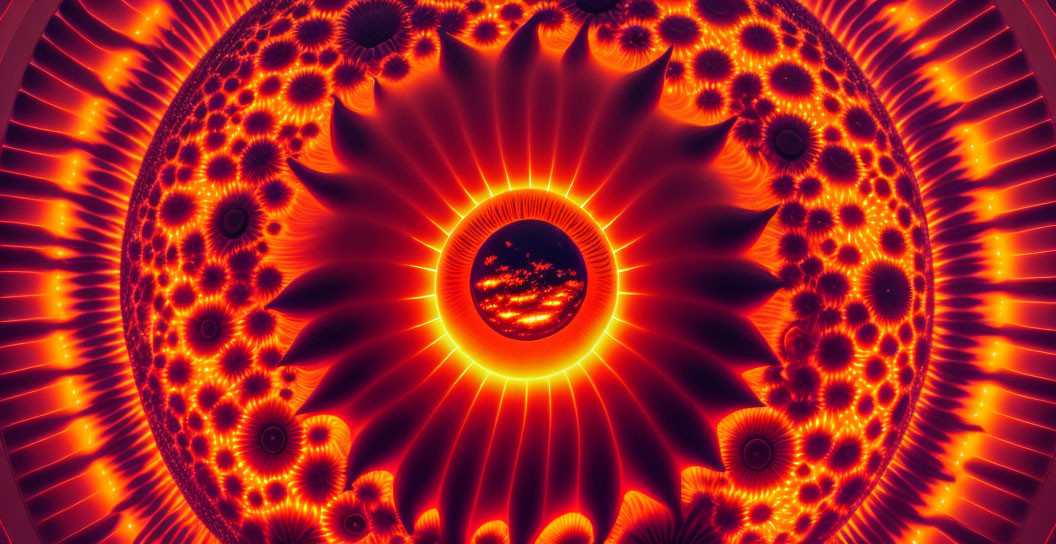 Colorful Fractal Art: Fiery Orb with Red and Orange Mandala Patterns