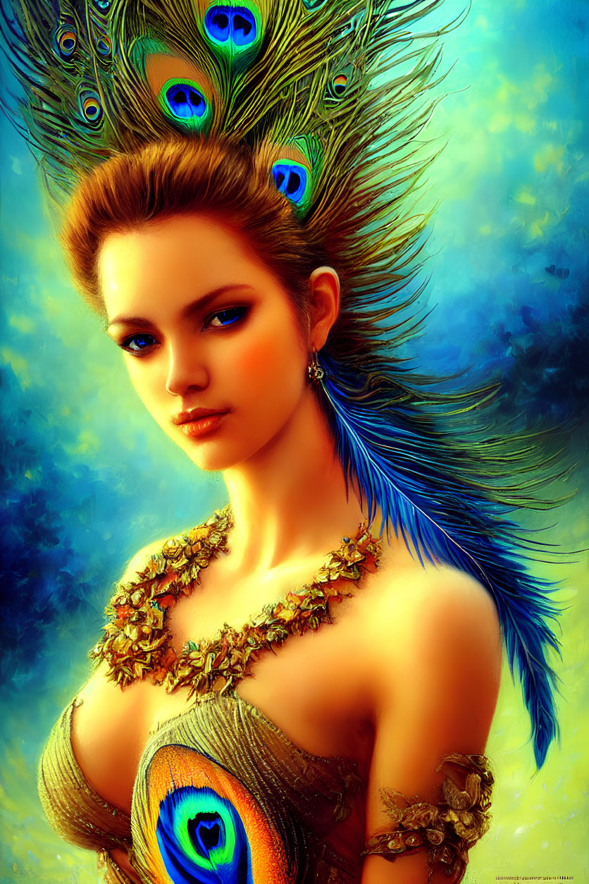 Digital artwork featuring woman with peacock feather adornments