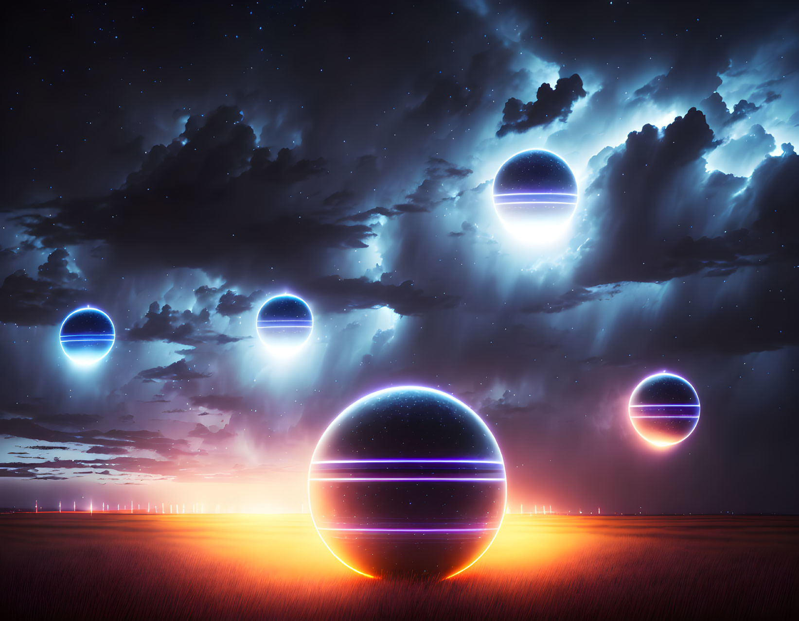 Surreal sunset landscape with glowing orbs and starry sky