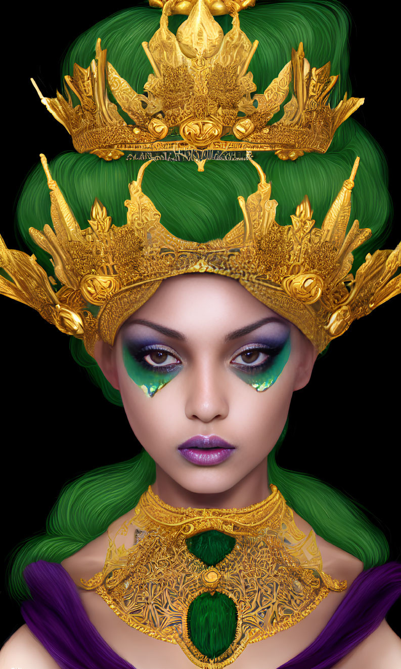 Digital artwork featuring woman in green and gold headdress with teardrop gems and regal golden collar