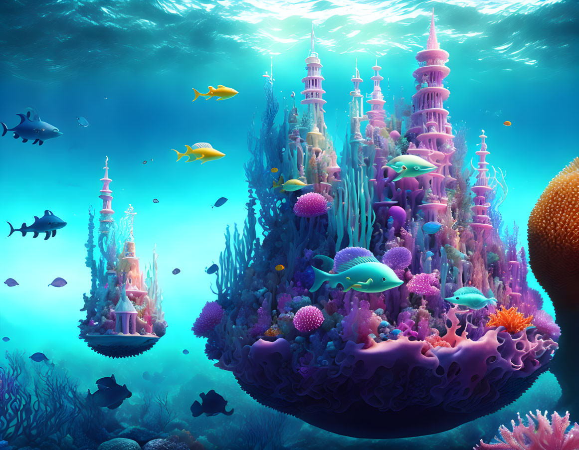 Colorful Coral Castle Surrounded by Marine Life Underwater