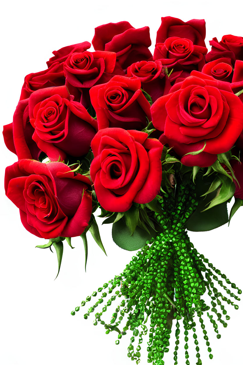 Red Roses Bouquet with Greenery on White Background