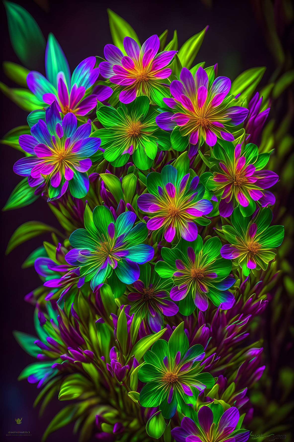 Neon purple and teal digital flowers on dark background