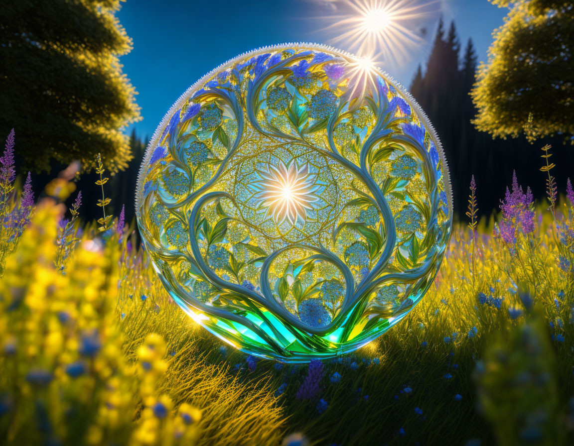 Glowing sphere with tree design in forest clearing among wildflowers