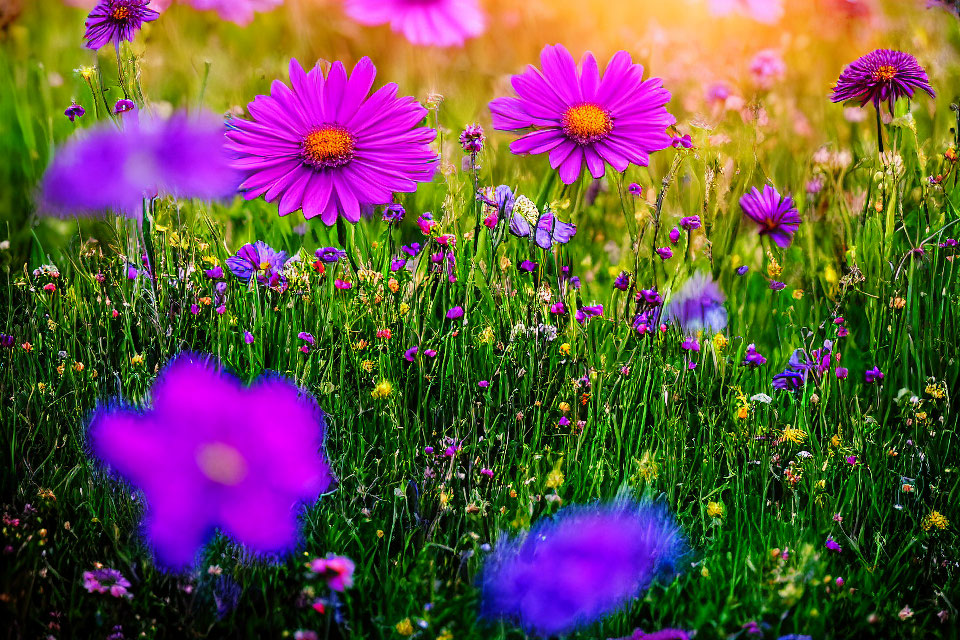 Colorful Purple and Pink Flowers in Lush Green Field with Soft Sunlight