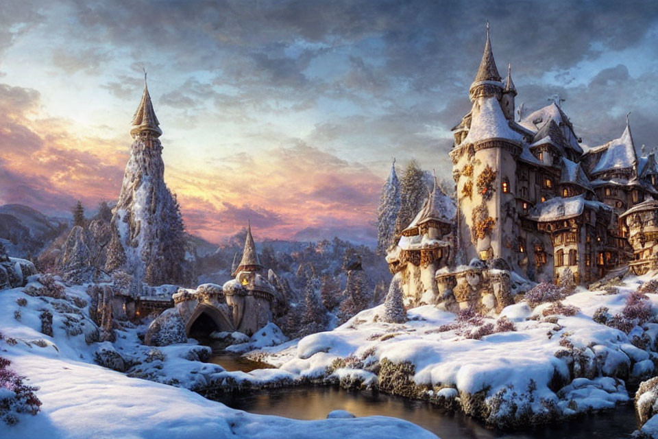 Snow-covered castle at sunset with frozen river bridge