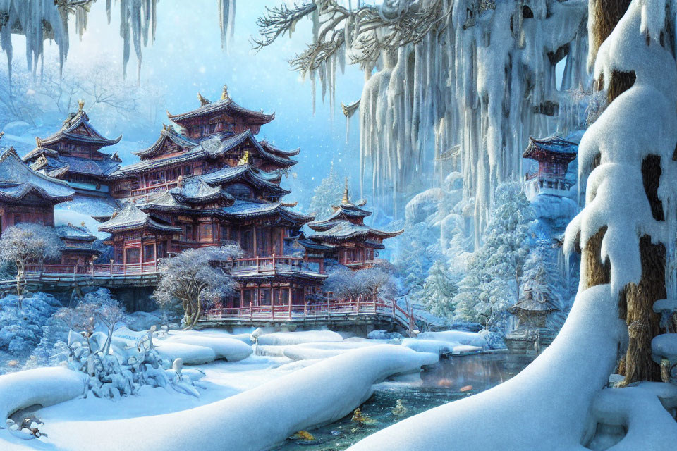 Snowy Asian Pagoda Buildings Amidst Frozen Trees and River