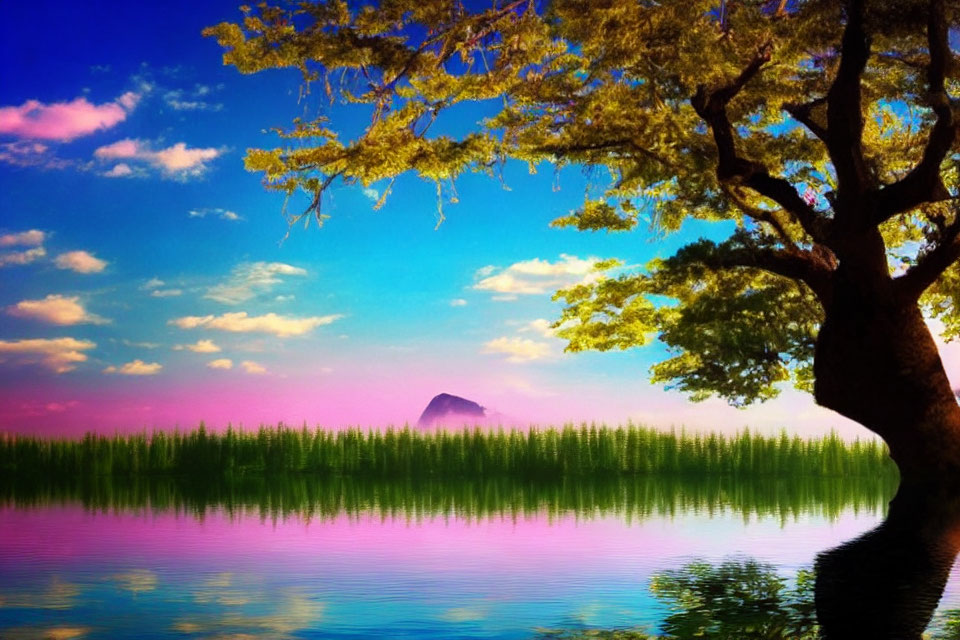 Colorful Dusk Landscape with Tree, Reflective Lake, and Mountain