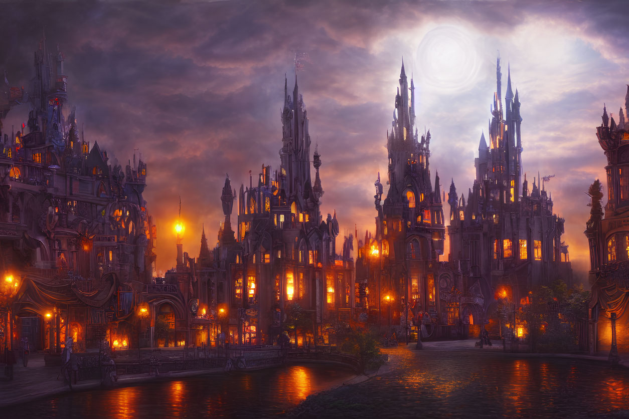 Gothic fantasy cityscape at dusk with glowing lanterns, moon, and purple skies