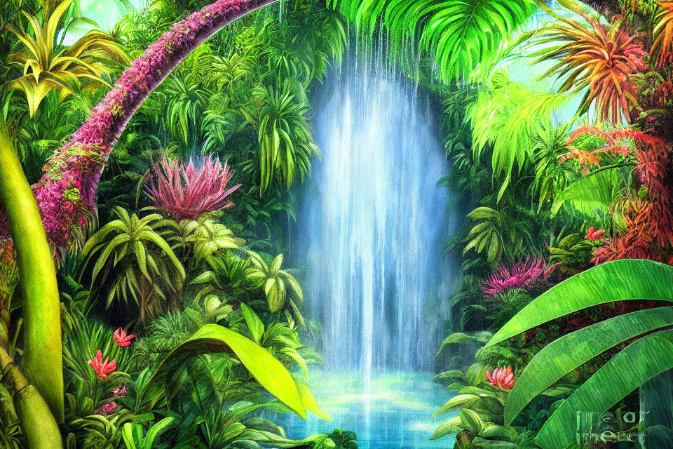 Colorful Tropical Waterfall Surrounded by Greenery and Flowers