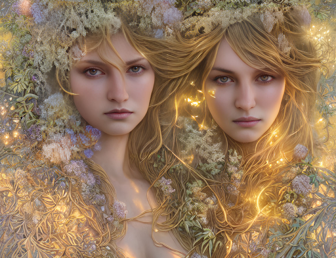 Identical women with floral crowns and golden lights in hair, surrounded by soft blooms and foliage