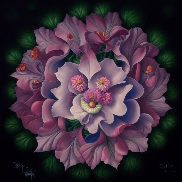 Vibrant digital painting of surreal floral arrangement on dark background