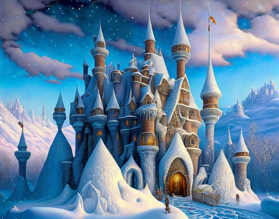 Fantastical ice castle in snowy landscape with spires and flags