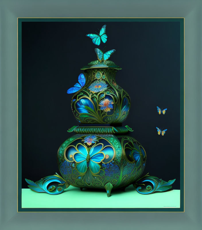 Green ornate vase with luminous blue patterns and flowers and delicate butterflies