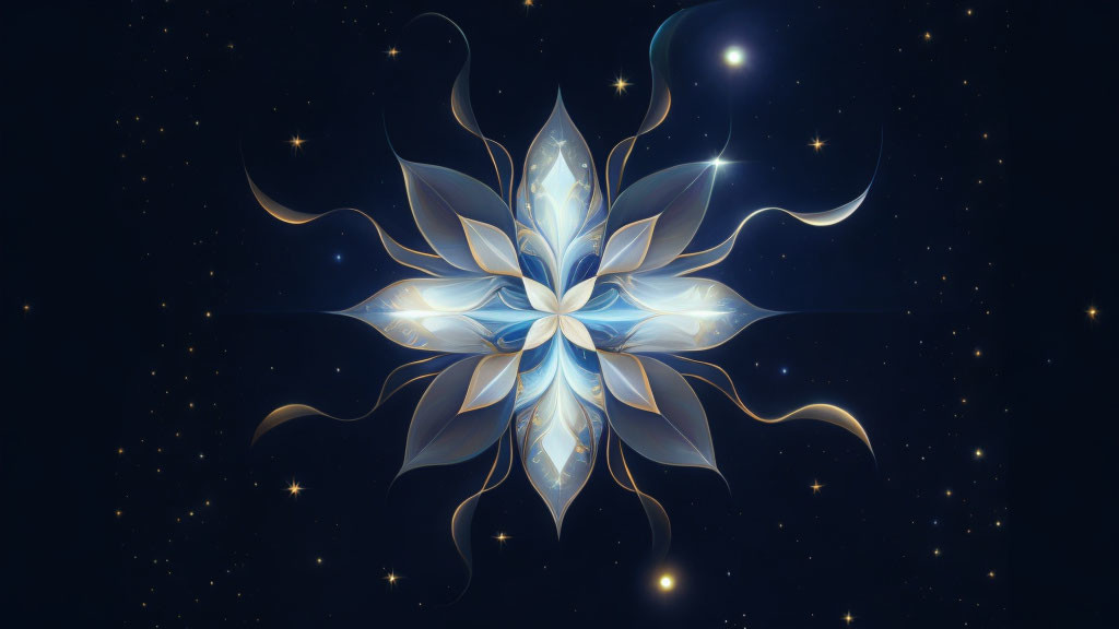 Symmetric light-blue floral pattern on dark starry background