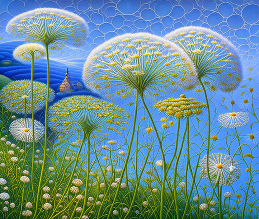 Surreal painting with oversized dandelions on a blue landscape