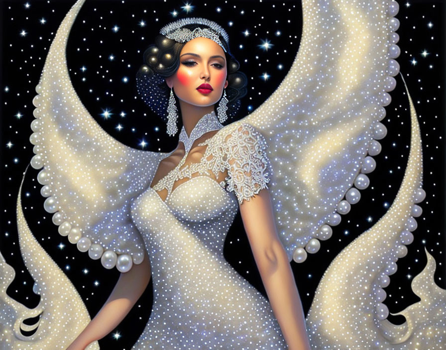 Illustrated woman with angelic wings in elegant white gown under starry night sky