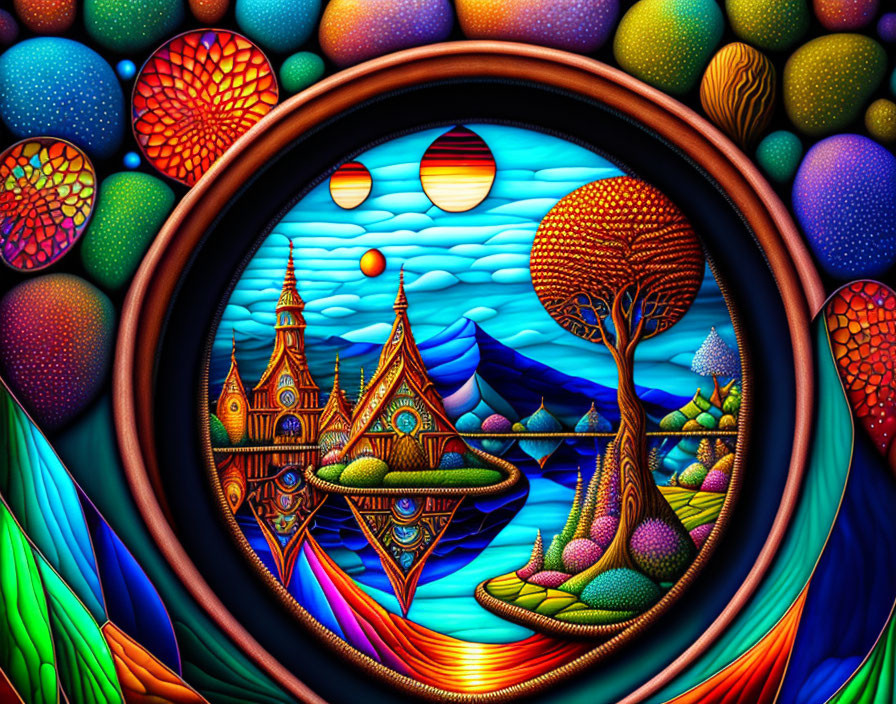 Circular Stained Glass-style Illustration of Whimsical Castle Landscape