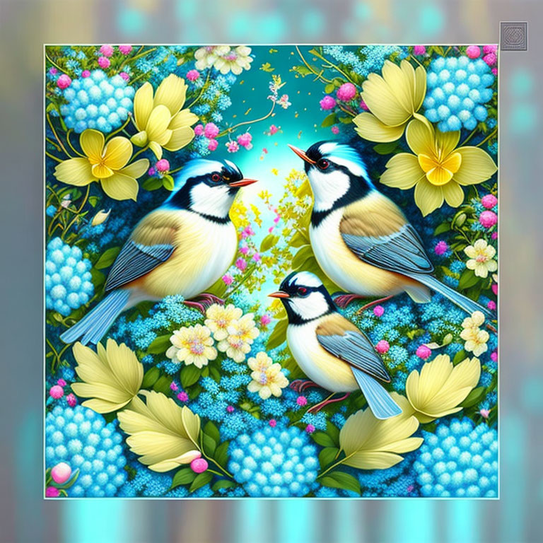 Colorful Digital Artwork: Three Birds in Floral Setting