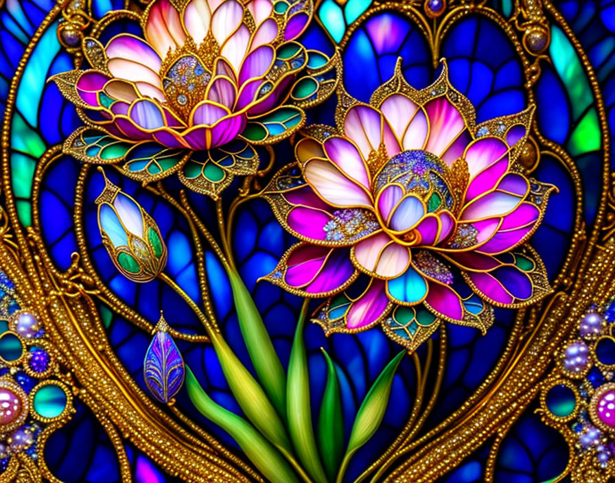 Colorful digital artwork featuring stylized lotus flowers on a vibrant blue background