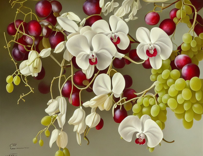 Realistic illustration of green grapes and white orchids on beige background