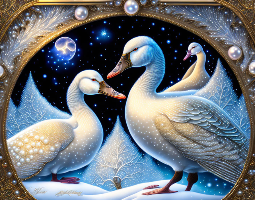 Illustration of Three Swans Under Starry Sky in Golden Ornate Frame