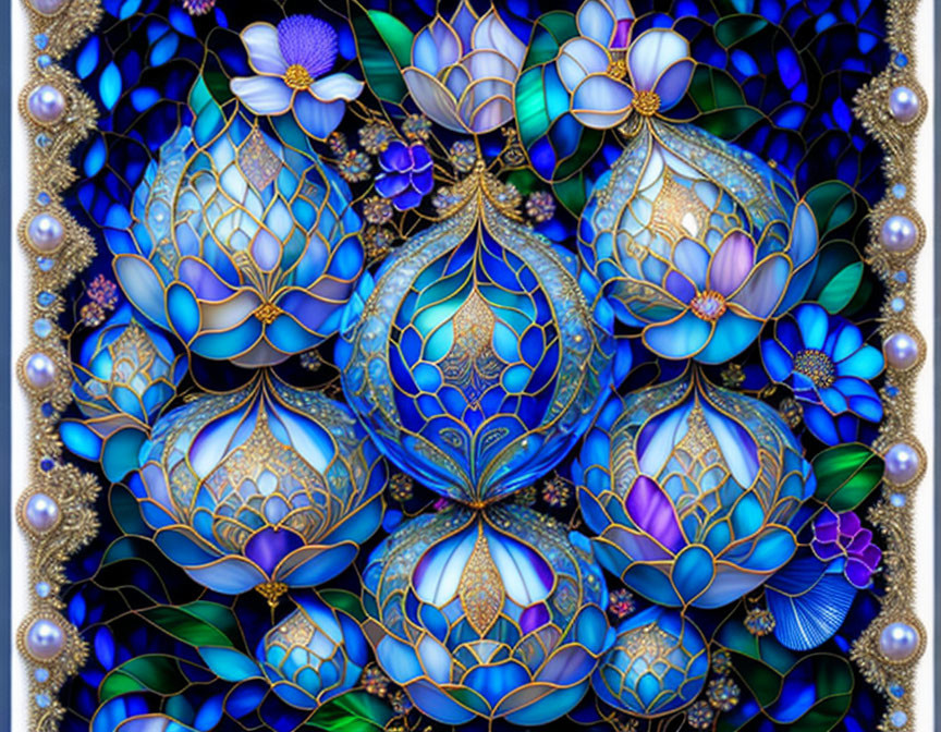 Detailed digital art: ornate flowers in jewel tones with gold accents.