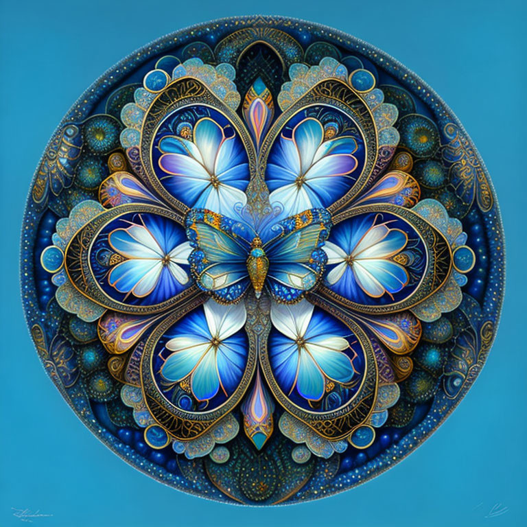 Symmetrical butterfly mandala in rich blues and gold on light blue background