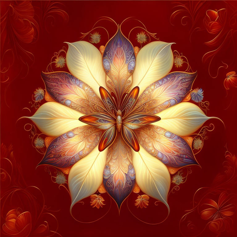 Symmetrical ornate floral design in gold, blue, and brown on red background