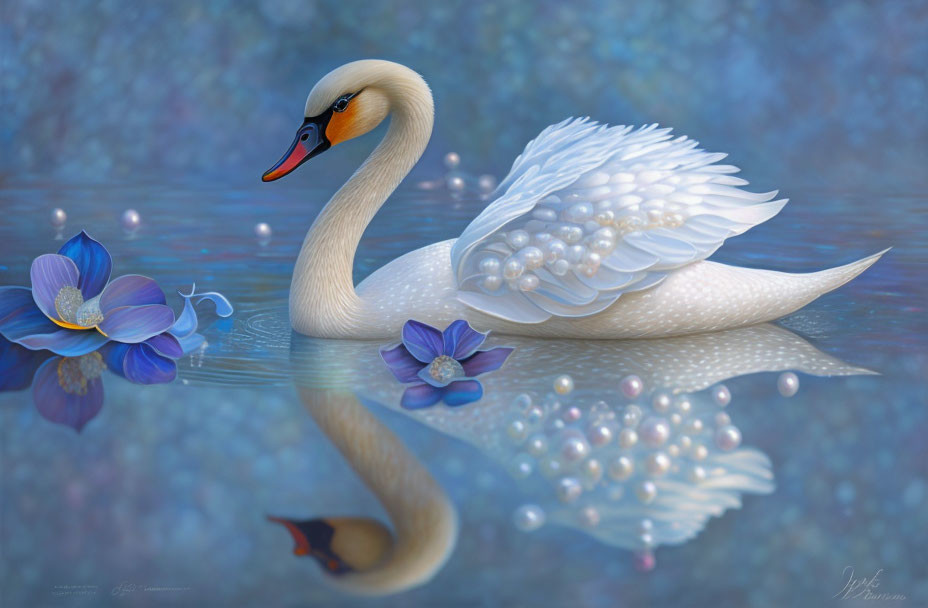 White Swan with Orange Beak on Blue Water Surface with Blue Flowers and Pearls