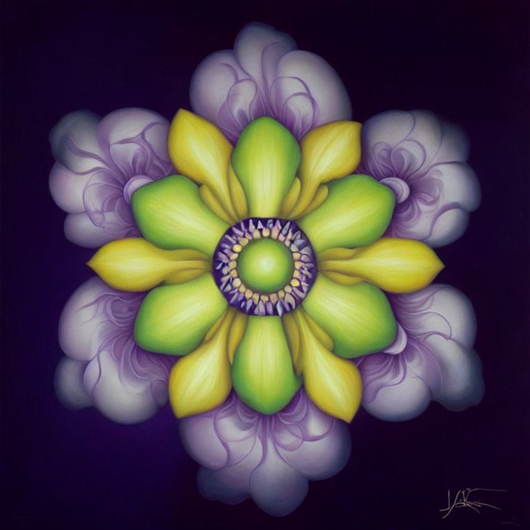 Symmetrical yellow and purple flower mandala on dark background