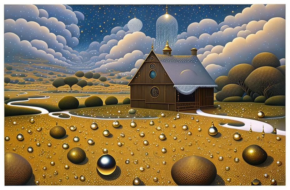 Whimsical landscape with wooden house, golden spheres, trees, starry sky