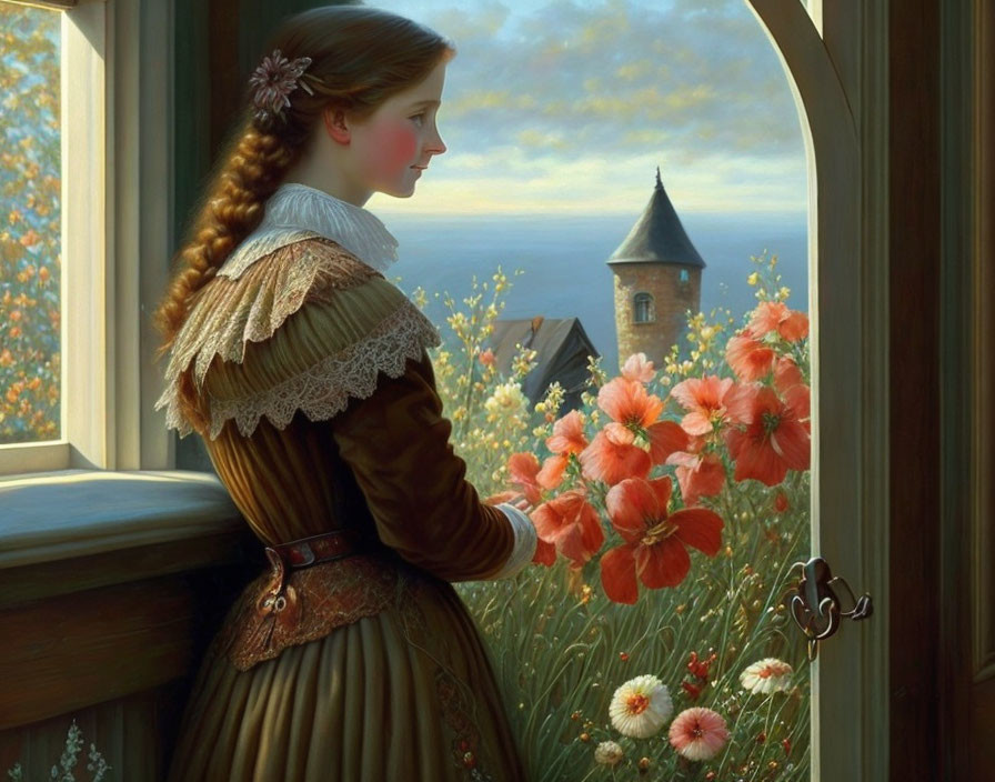 Historical woman in dress looking out of window at village scenery