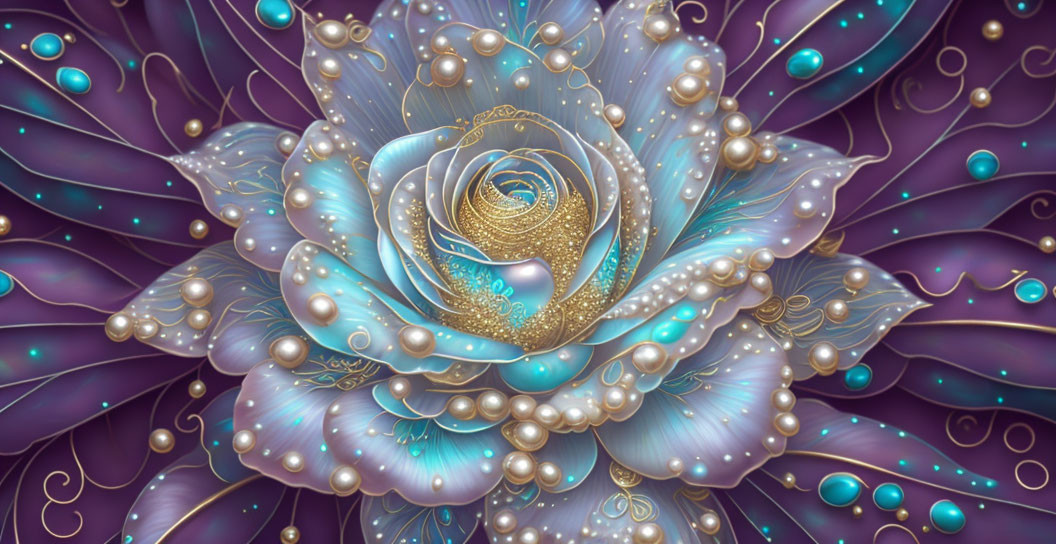 Stylized digital artwork: Luminescent blue rose with gold on purple background