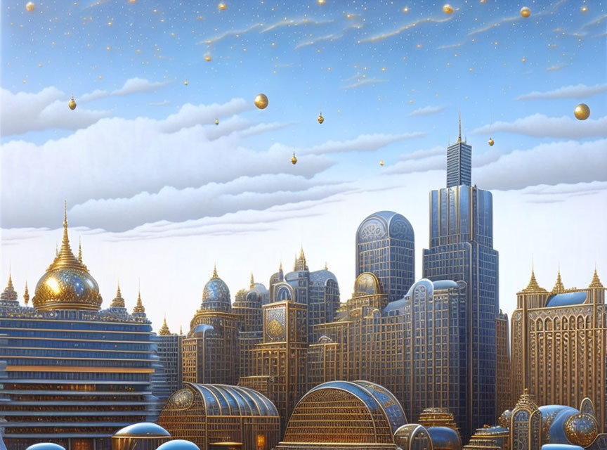 Futuristic cityscape with golden domed buildings and floating orbs