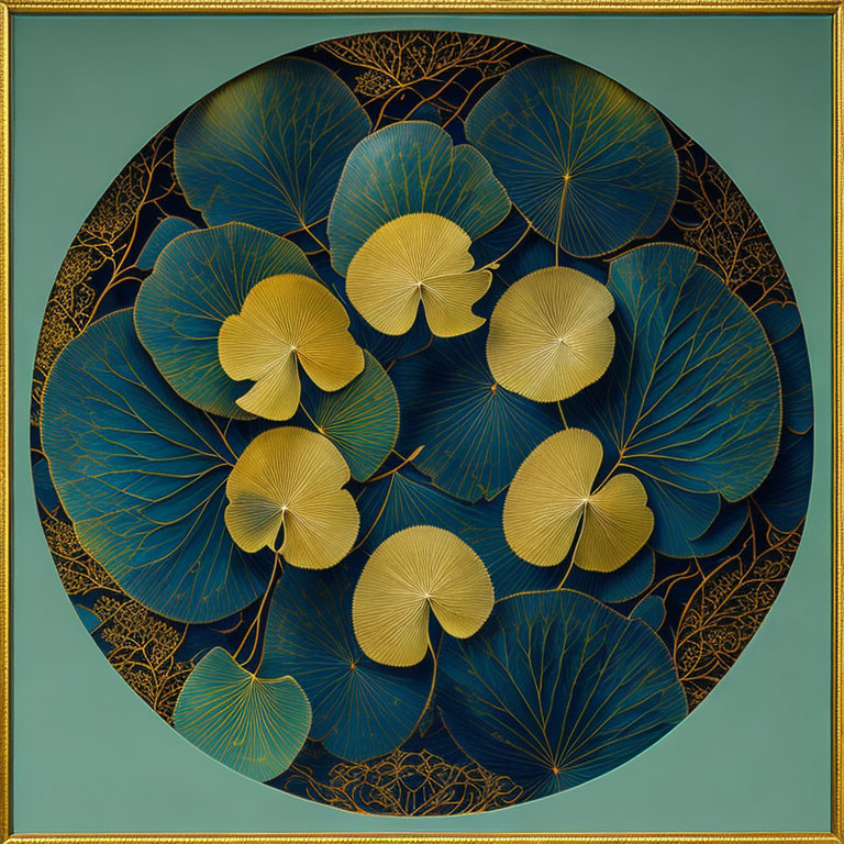 Circular golden leaf patterns on deep blue background with fine lines in green frame