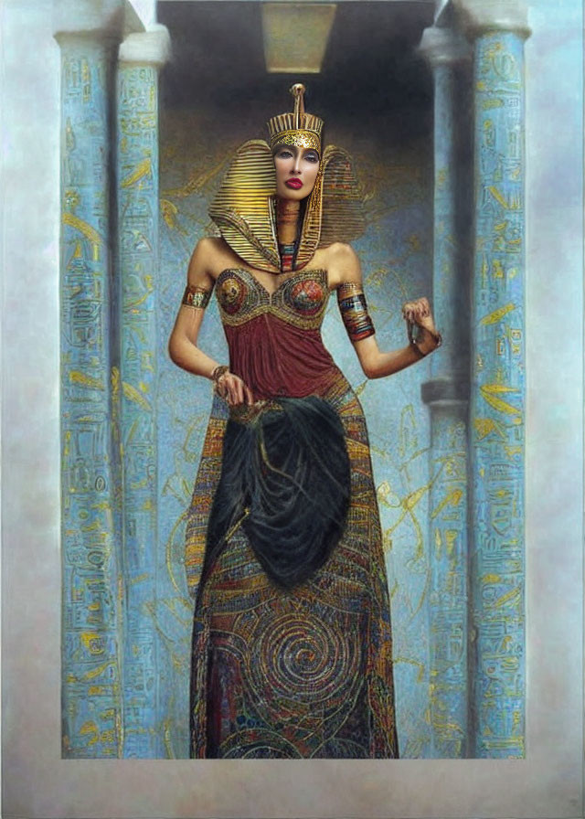 Digital art of a woman as an Egyptian pharaoh with headdress among hieroglyphic columns