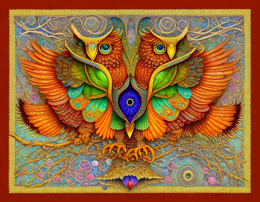 Colorful symmetrical owl illustration with intricate patterns and peacock feather eye