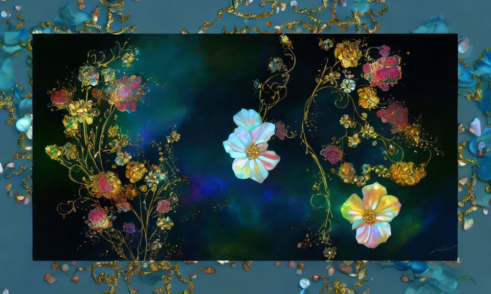 Ethereal floral painting with white and pink blooms on deep blue and purple cosmic backdrop