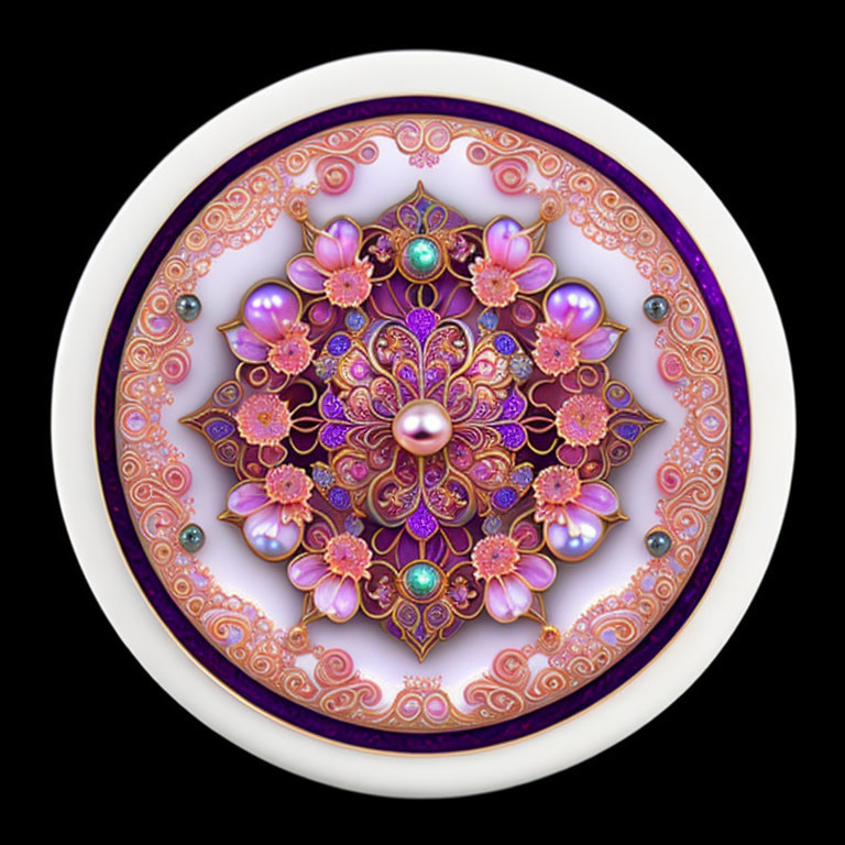 Circular mandala design with intricate purple, pink, and gold patterns on black background.