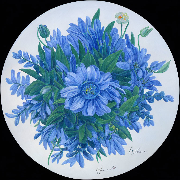 Circular Painting of Vibrant Blue Flowers and Green Leaves with Signature