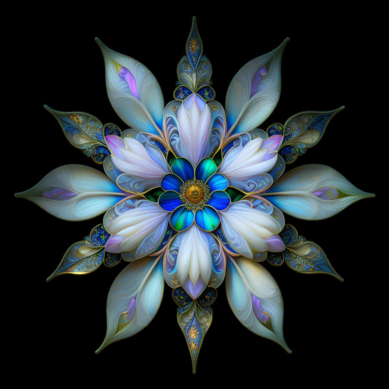 Intricate Blue, White, and Gold Fractal Flower on Black Background