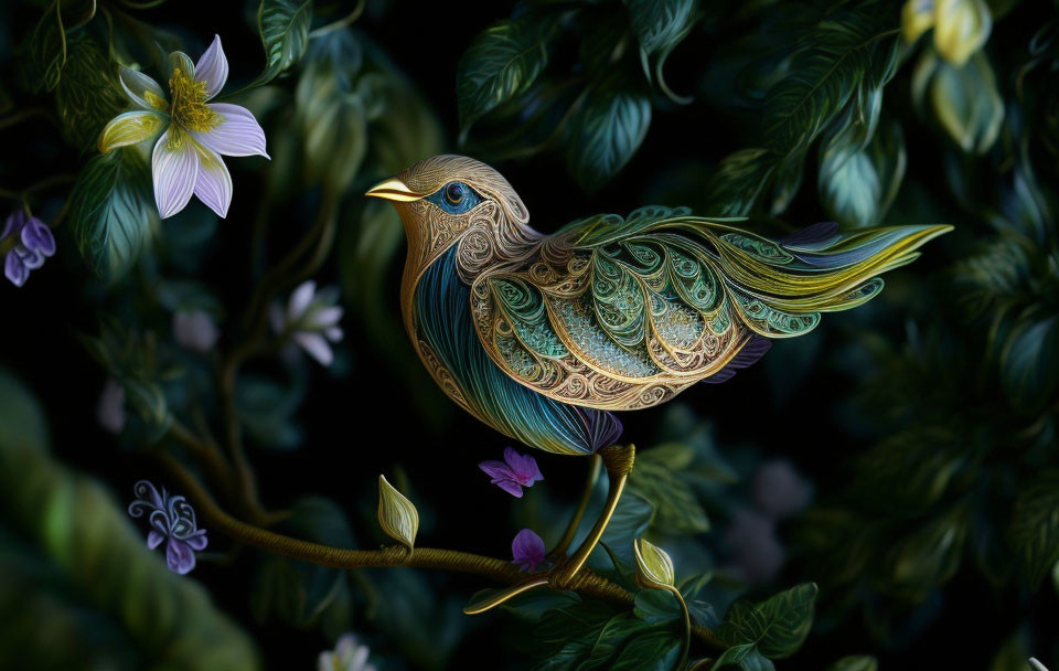 Detailed bird art with intricate feathers on branch amidst lush foliage