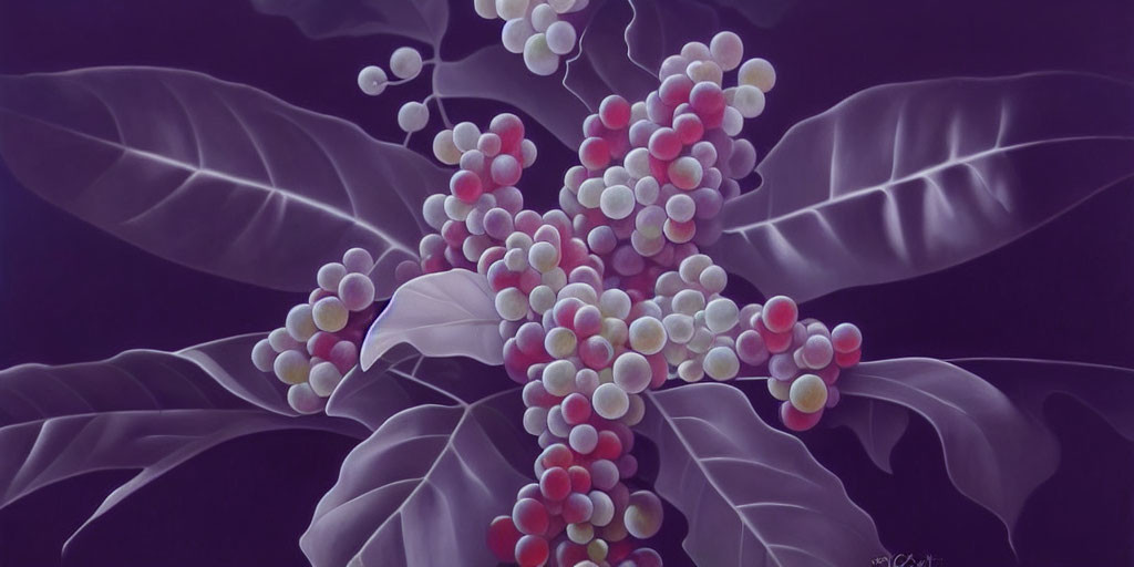 Detailed Painting of Purple-Leafed Plant with Red and White Berries