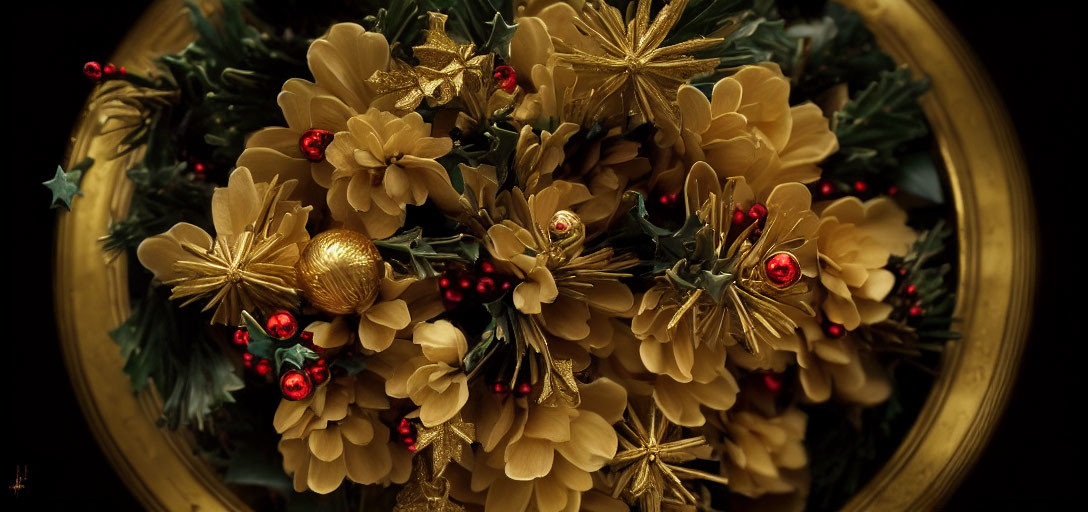 Christmas wreath with golden flowers, red berries, pine needles, and gold ornaments