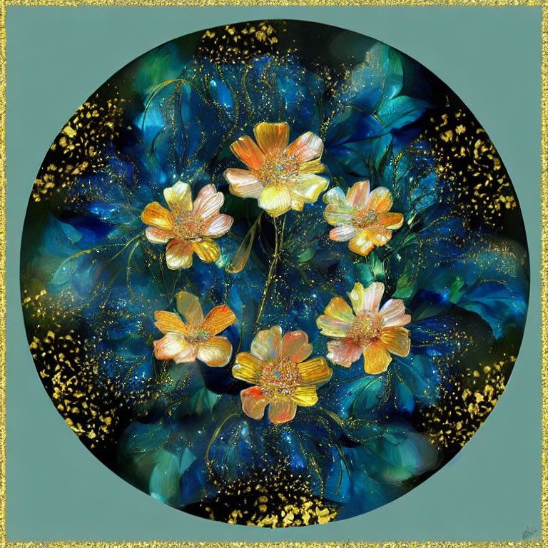 Circular Artwork: Orange-Yellow Flowers, Gold Detailing, Dark Blue Background