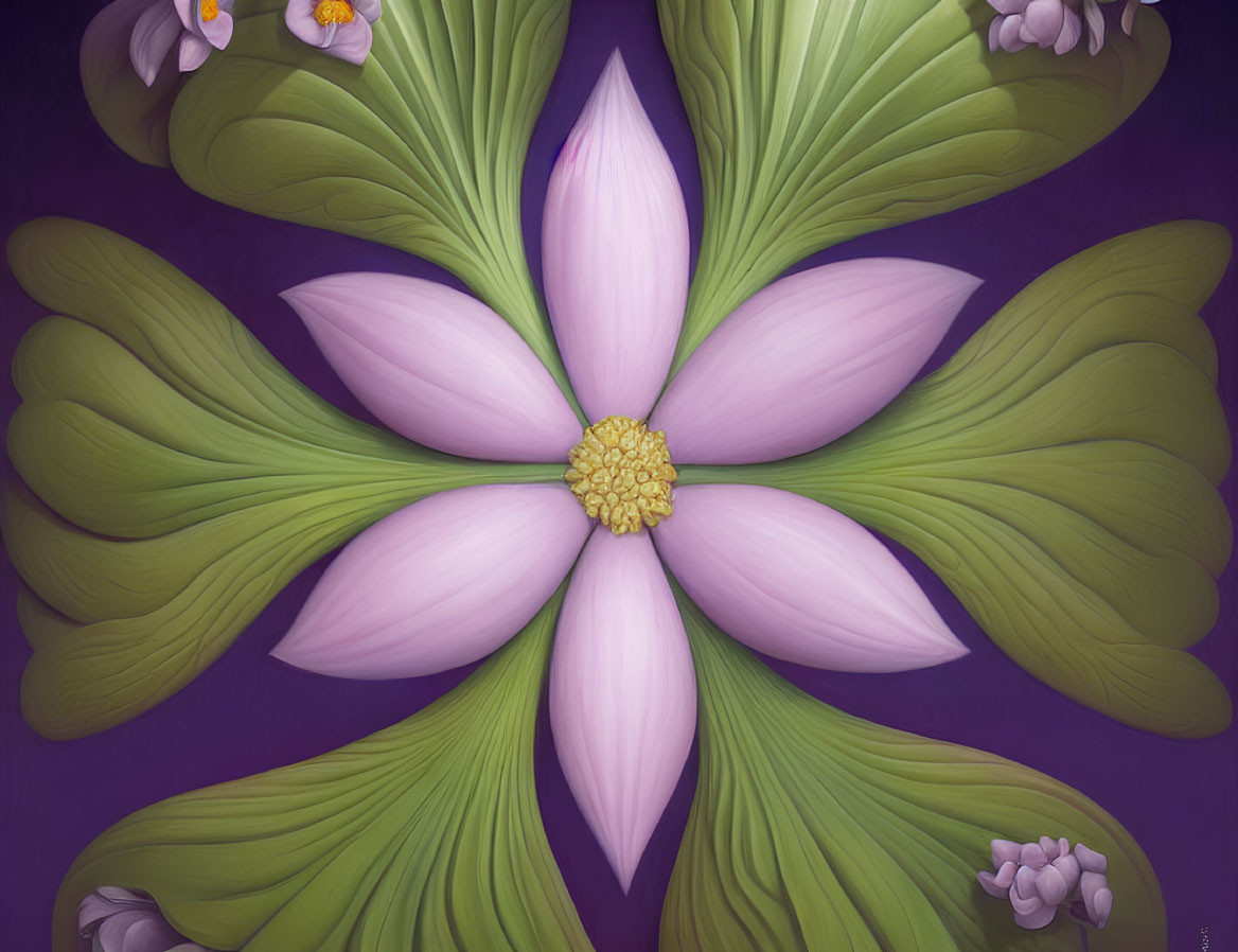 Symmetrical floral digital art: purple petals, green leaves, yellow core, on purple background