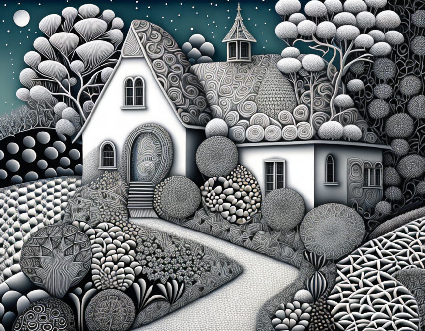 Whimsical house in monochrome illustration with patterned trees and starry sky